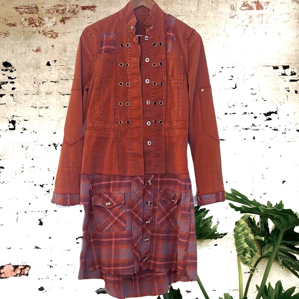 Upcycled bohemian grommeted plaid patched jacket